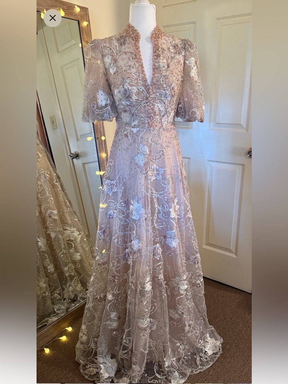 Mac Duggal 20452 Pink Queen Anne Puff Sleeve Embroidered A-Line Gown sz 10